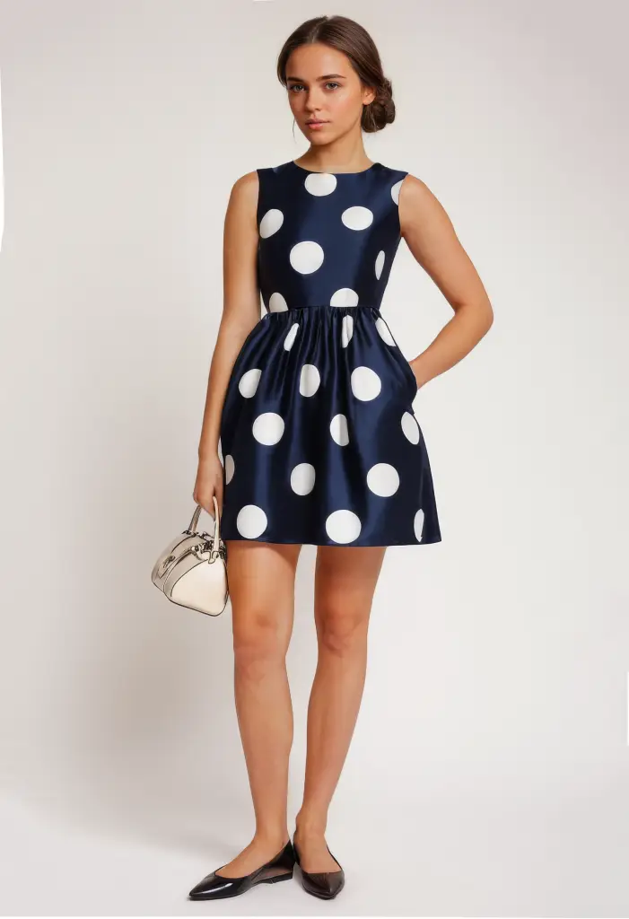 Retro Glamour: Classic Navy Polka Dot Dress with a Modern Twist