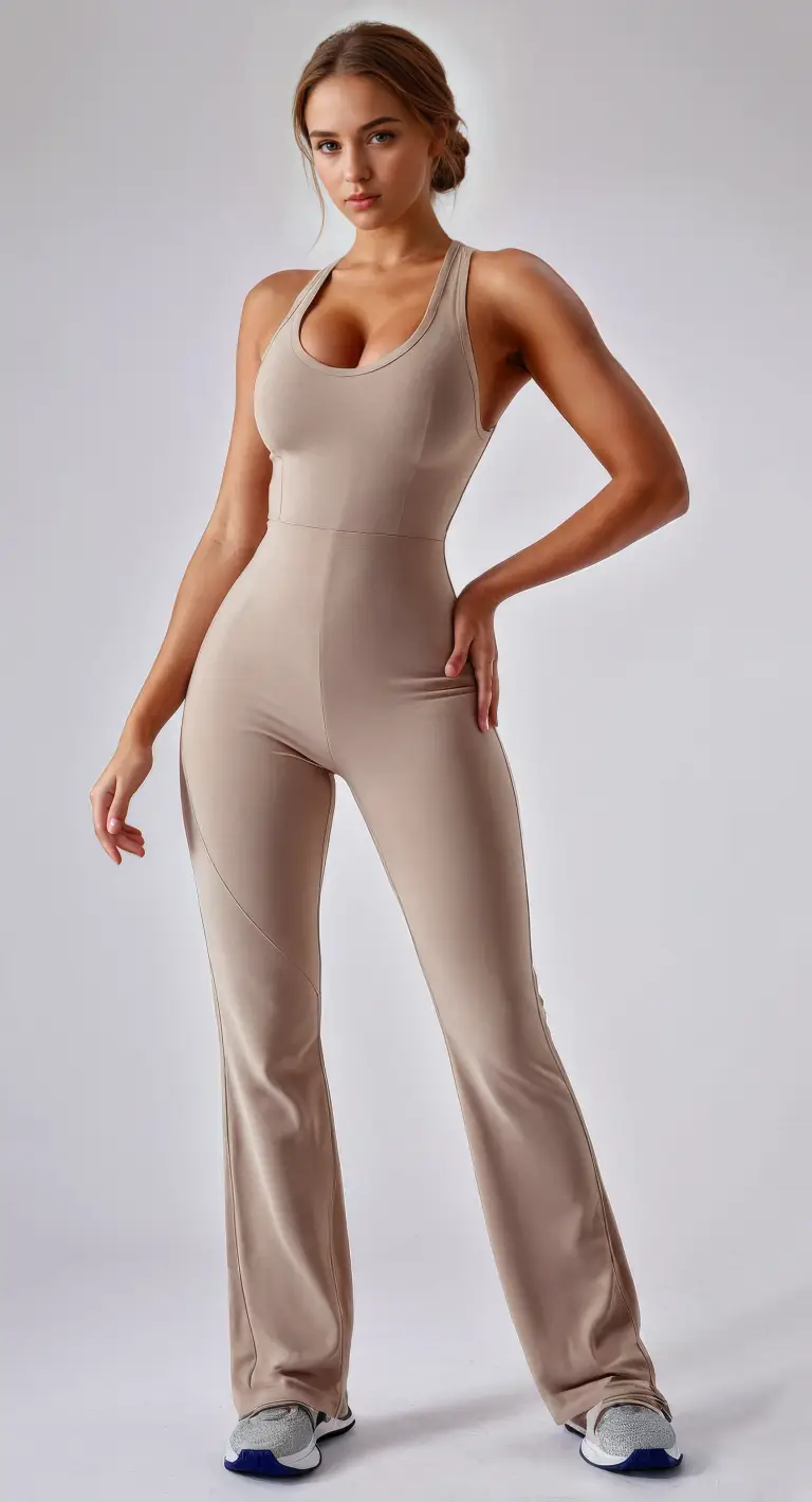 Sporty Chic: Sculpted in a Sleek Beige Jumpsuit