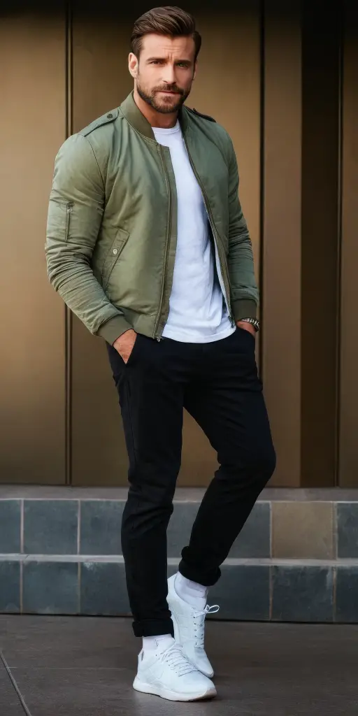 Effortlessly Cool: Olive Bomber Jacket & Smart-Casual Streetwear