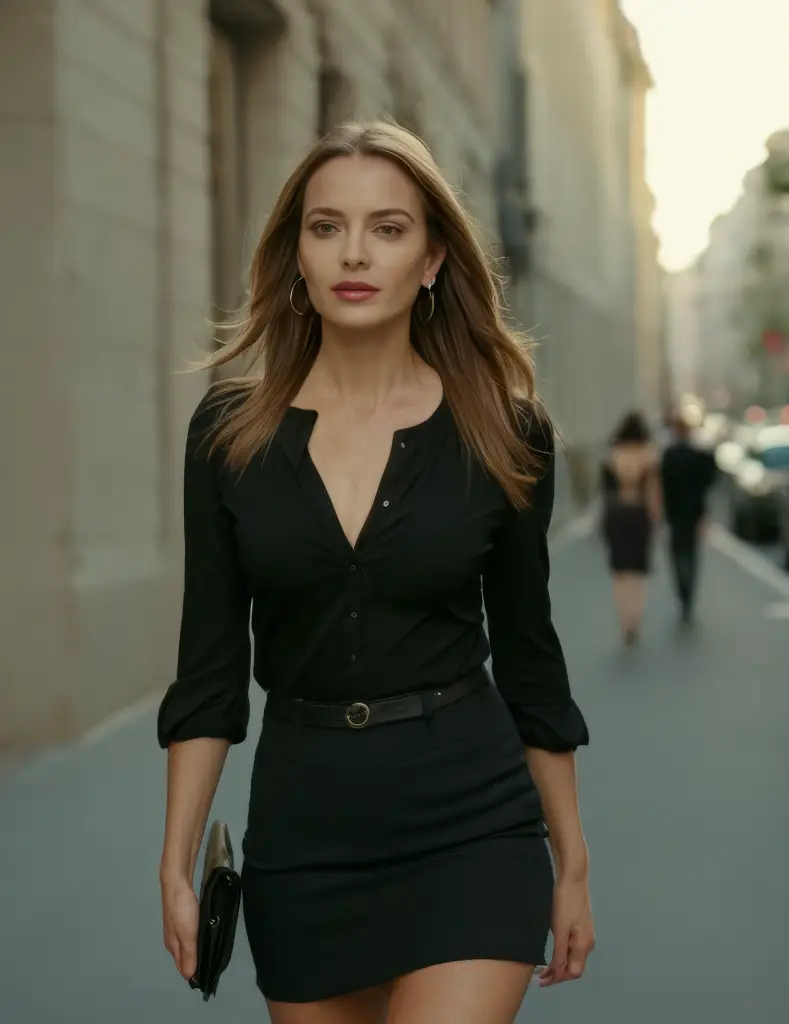 Effortlessly Chic: Black Button-Up Blouse & Mini Skirt