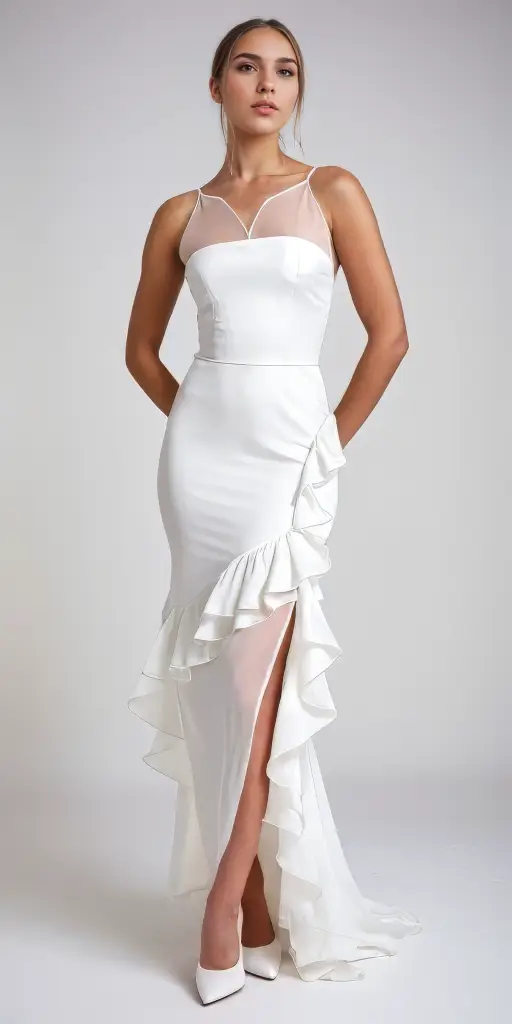 Grace & Elegance: White Sheer Panel Ruffle Gown