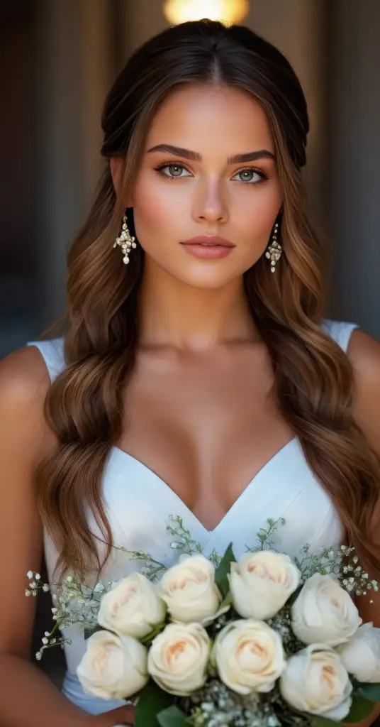 Elegant Bride Holding White Rose Bouquet