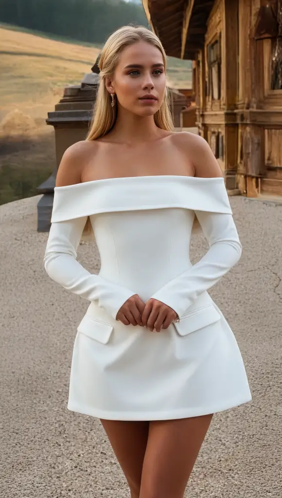 Elegant Woman in White Off-Shoulder Dress