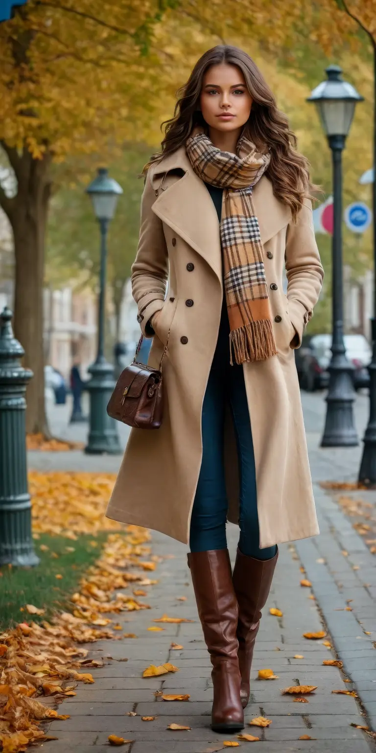 Camel Coat, Check Scarf, and Knee-High Boots